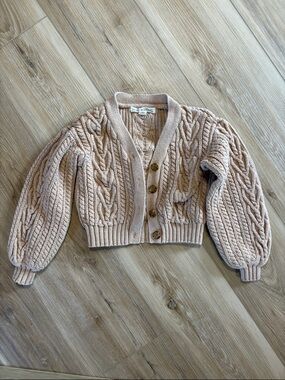 Girls Cable Knit Cropped Cardigan Sweater - Beige